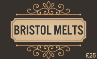 A gift card from Bristol Melts with a brown background featuring the brand name in a script typeface.